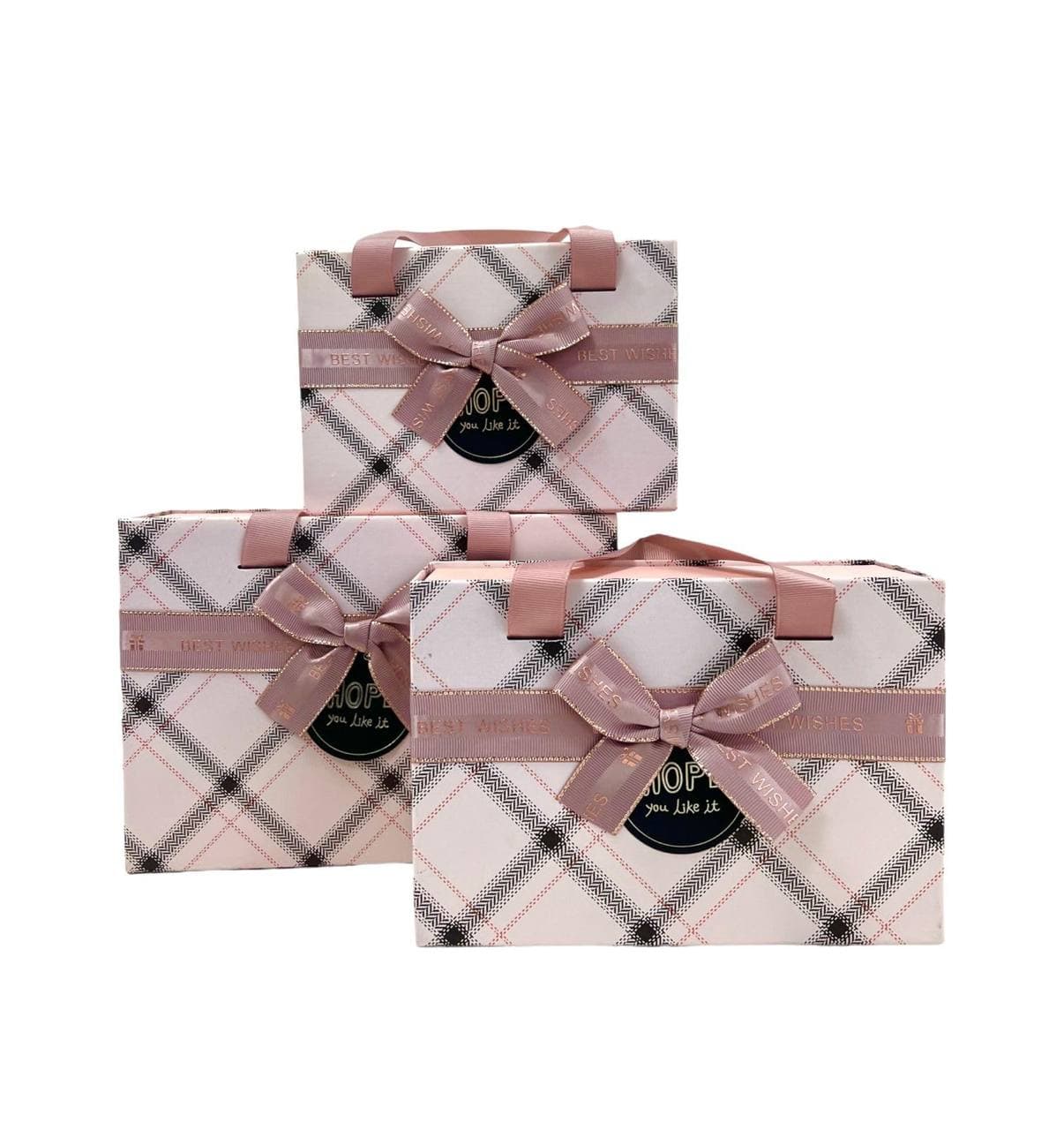 Подарочная коробка-сумка / Розовая в клетку / 23х17х6